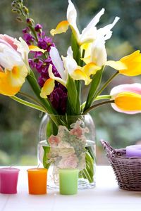 Preview wallpaper tulips, roses, irises, flowers, bouquets, vase, basket, candle