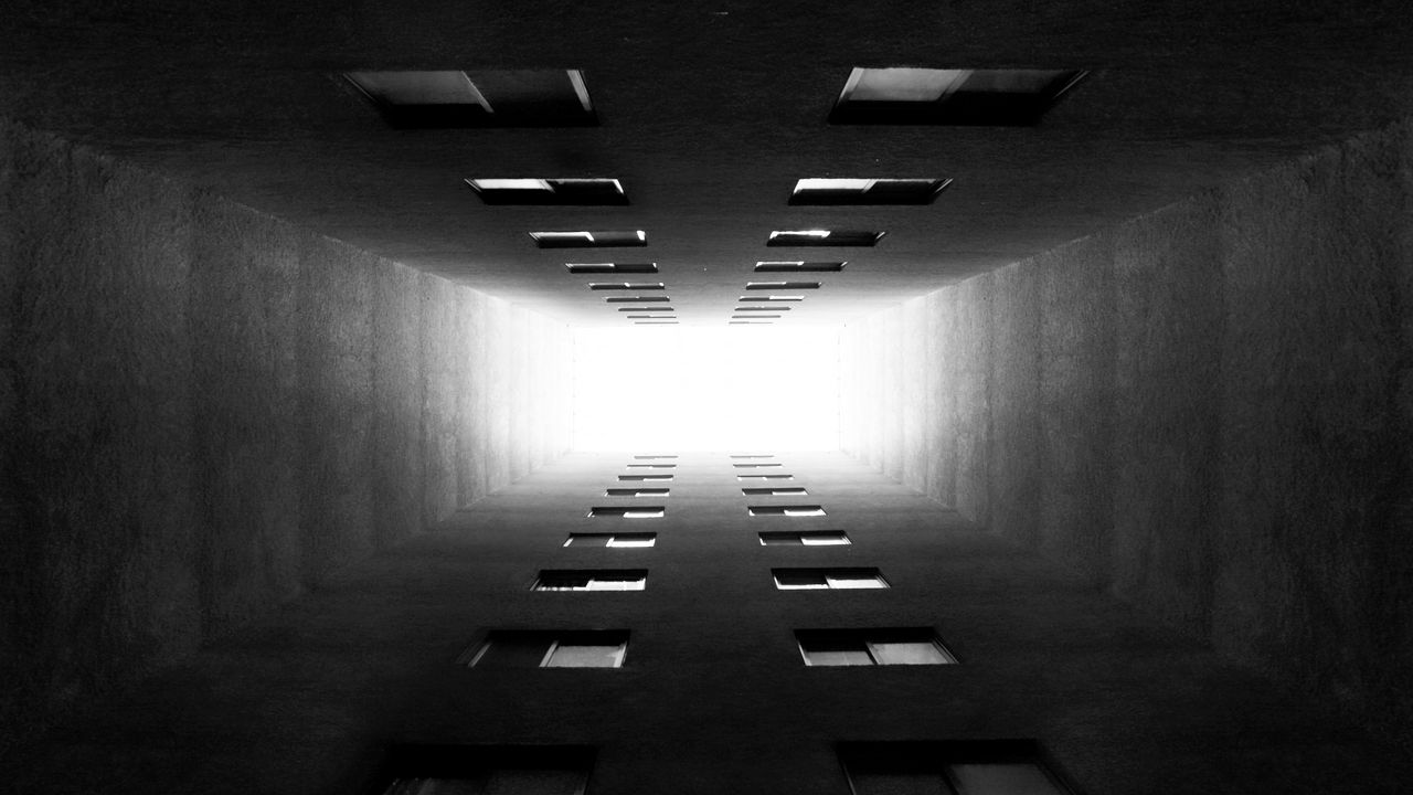 Wallpaper tunnel, bw, glow, distance, windows