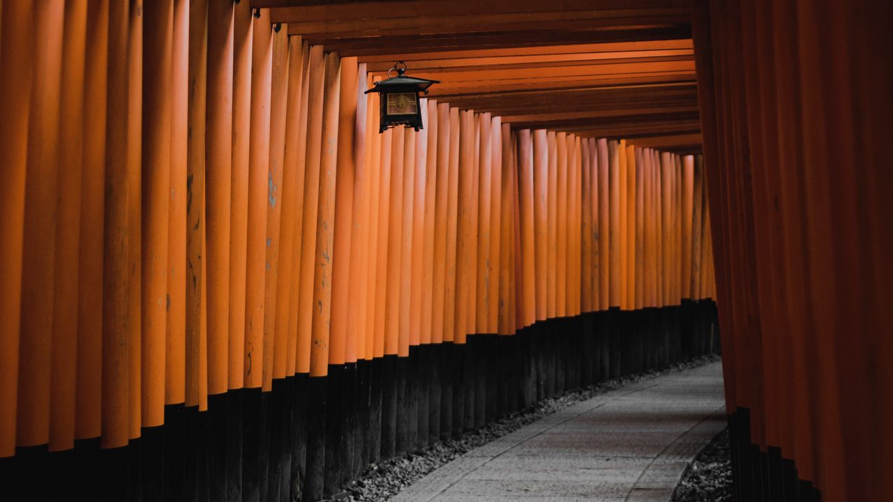 Wallpaper tunnel, corridor, lantern, architecture, wooden