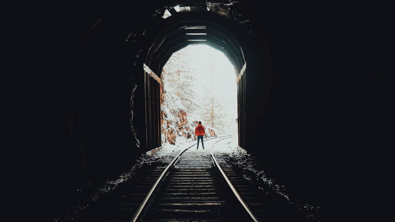 Wallpaper tunnel, dark, silhouette, rails