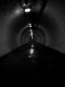 Preview wallpaper tunnel, darkness, lights, black and white