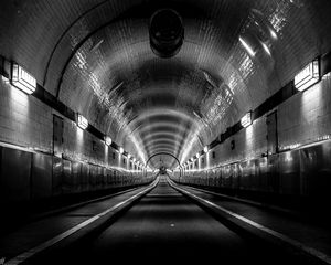 Preview wallpaper tunnel, lights, black and white, road