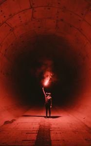 Preview wallpaper tunnel, man, gas mask, light, fire, red