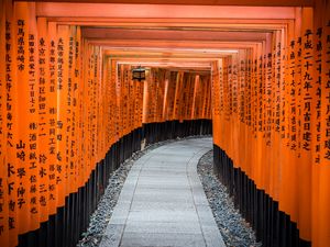 Preview wallpaper tunnel, path, hieroglyphs, wooden