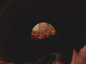 Preview wallpaper tunnel, pipe, dark, leaves, autumn