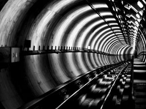 Preview wallpaper tunnel, rails, bw, metro, underground