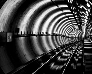 Preview wallpaper tunnel, rails, bw, metro, underground