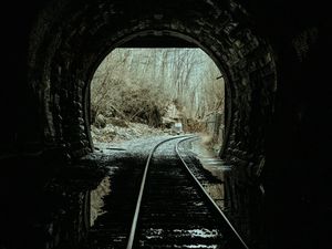 Preview wallpaper tunnel, rails, dark, trees