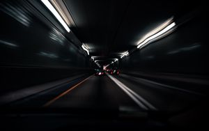 Preview wallpaper tunnel, road, cars, speed, blur, dark