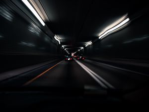 Preview wallpaper tunnel, road, cars, speed, blur, dark