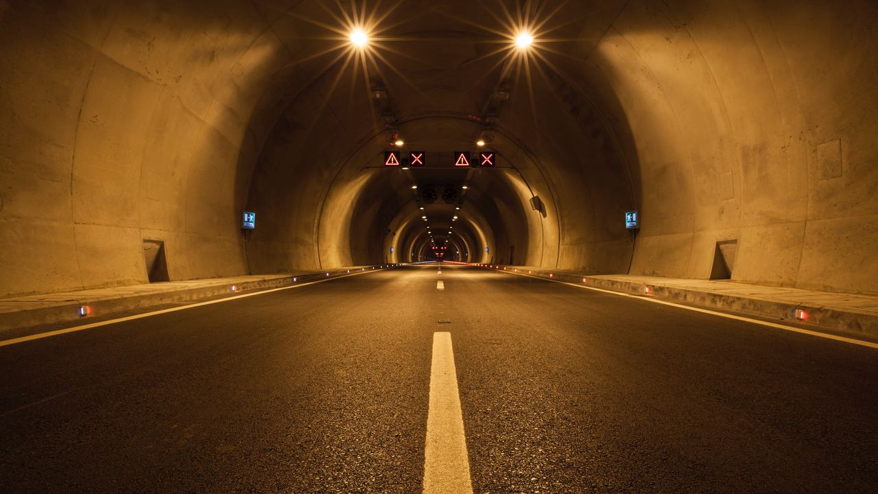 Wallpaper tunnel, road, marking, lighting, dark