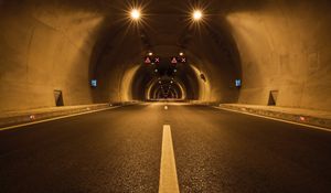 Preview wallpaper tunnel, road, marking, lighting, dark