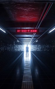 Preview wallpaper tunnel, silhouette, man, sign, underground, art