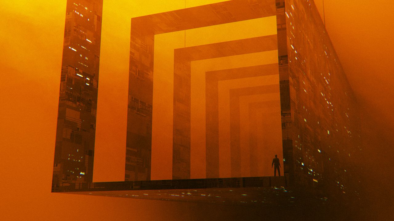 Wallpaper tunnel, squares, man, silhouette, orange, art
