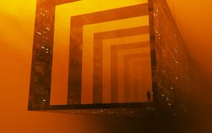 Preview wallpaper tunnel, squares, man, silhouette, orange, art