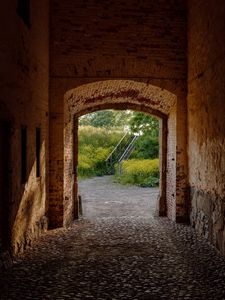 Preview wallpaper tunnel, stairs, trees, bricks