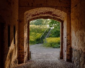 Preview wallpaper tunnel, stairs, trees, bricks