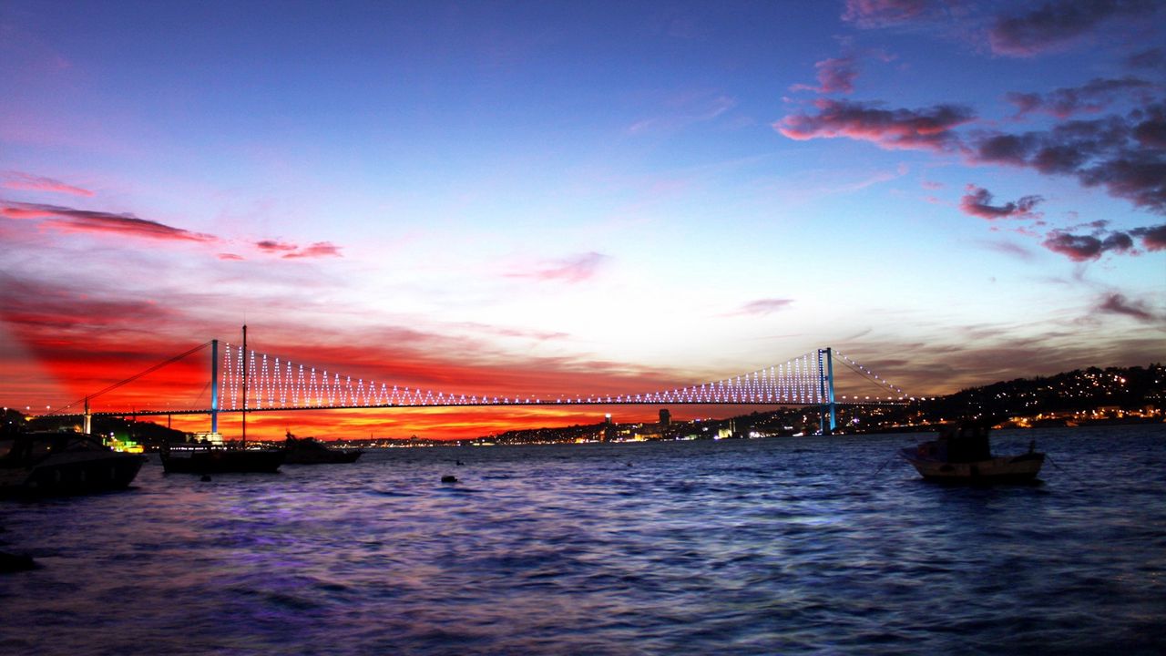 Wallpaper turkey, sea, bridge, night, lights city