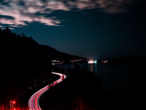 Preview wallpaper turn, night, mountains, sky, road