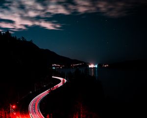Preview wallpaper turn, night, mountains, sky, road
