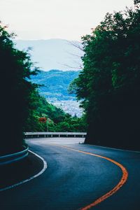 Preview wallpaper turn, road, mountains, trees, marking