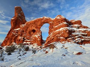 Preview wallpaper turret arch, relief, snow, nature