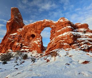 Preview wallpaper turret arch, relief, snow, nature