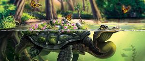 Preview wallpaper turtle, butterflies, art, water, underwater