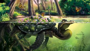 Preview wallpaper turtle, butterflies, art, water, underwater