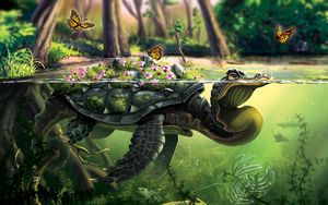 Preview wallpaper turtle, butterflies, art, water, underwater