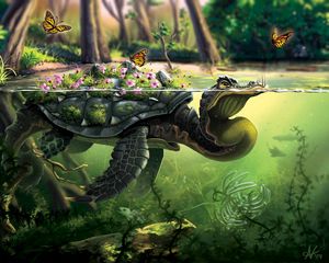 Preview wallpaper turtle, butterflies, art, water, underwater