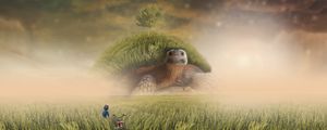 Preview wallpaper turtle, photoshop, child, bicycle, field, grass
