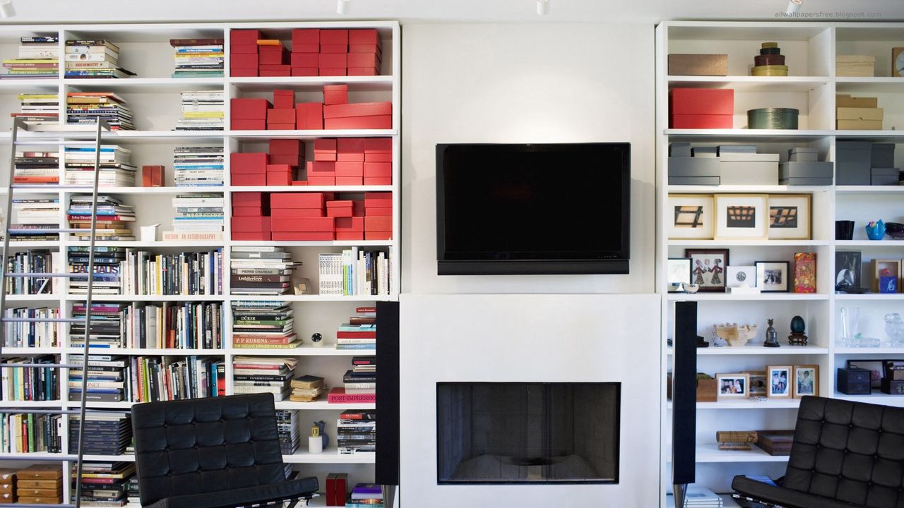 Wallpaper tv, fireplace, books, shelves, boxes, comfort
