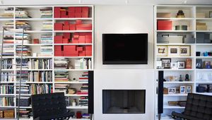 Preview wallpaper tv, fireplace, books, shelves, boxes, comfort