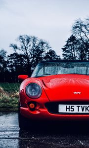 Preview wallpaper tvr, car, sportscar, red, wet, front view