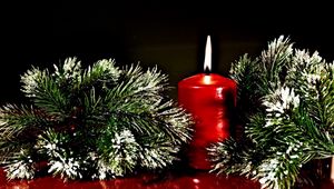 Preview wallpaper twigs, pine needles, christmas candle, surface