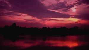 Preview wallpaper twilight, lake, trees, sunset, sky, purple, dark