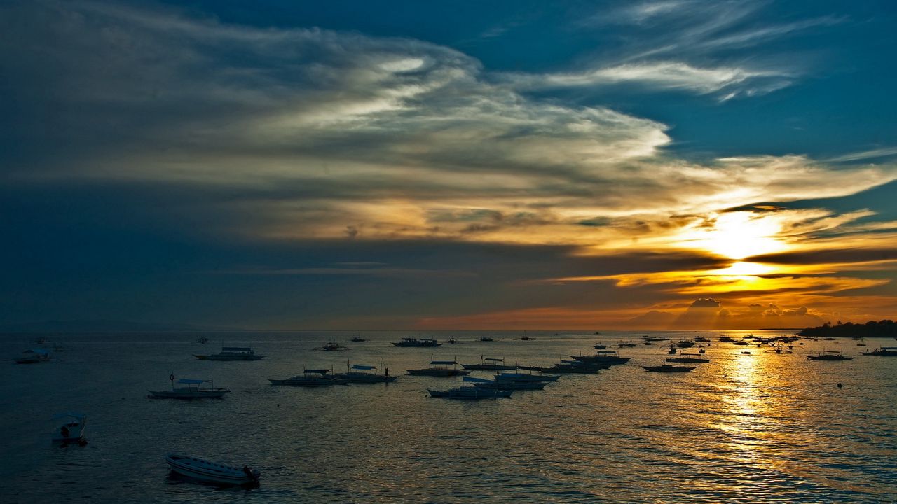 Wallpaper twilight, sea, sky, boats, decline