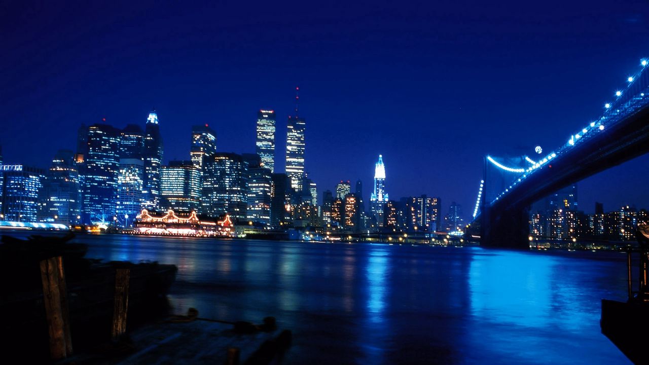 Wallpaper twin towers, new york, world trade center, skyscrapers, river, bridge, night, city, manhattan