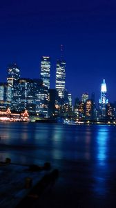 Preview wallpaper twin towers, new york, world trade center, skyscrapers, river, bridge, night, city, manhattan