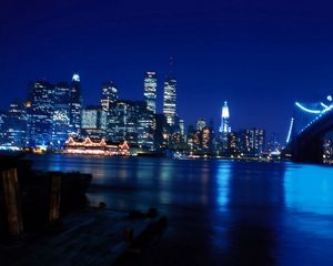 Preview wallpaper twin towers, new york, world trade center, skyscrapers, river, bridge, night, city, manhattan