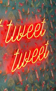 Preview wallpaper twitt, neon, inscription, birds, pattern