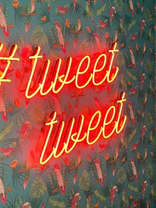 Preview wallpaper twitt, neon, inscription, birds, pattern