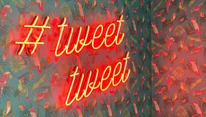 Preview wallpaper twitt, neon, inscription, birds, pattern