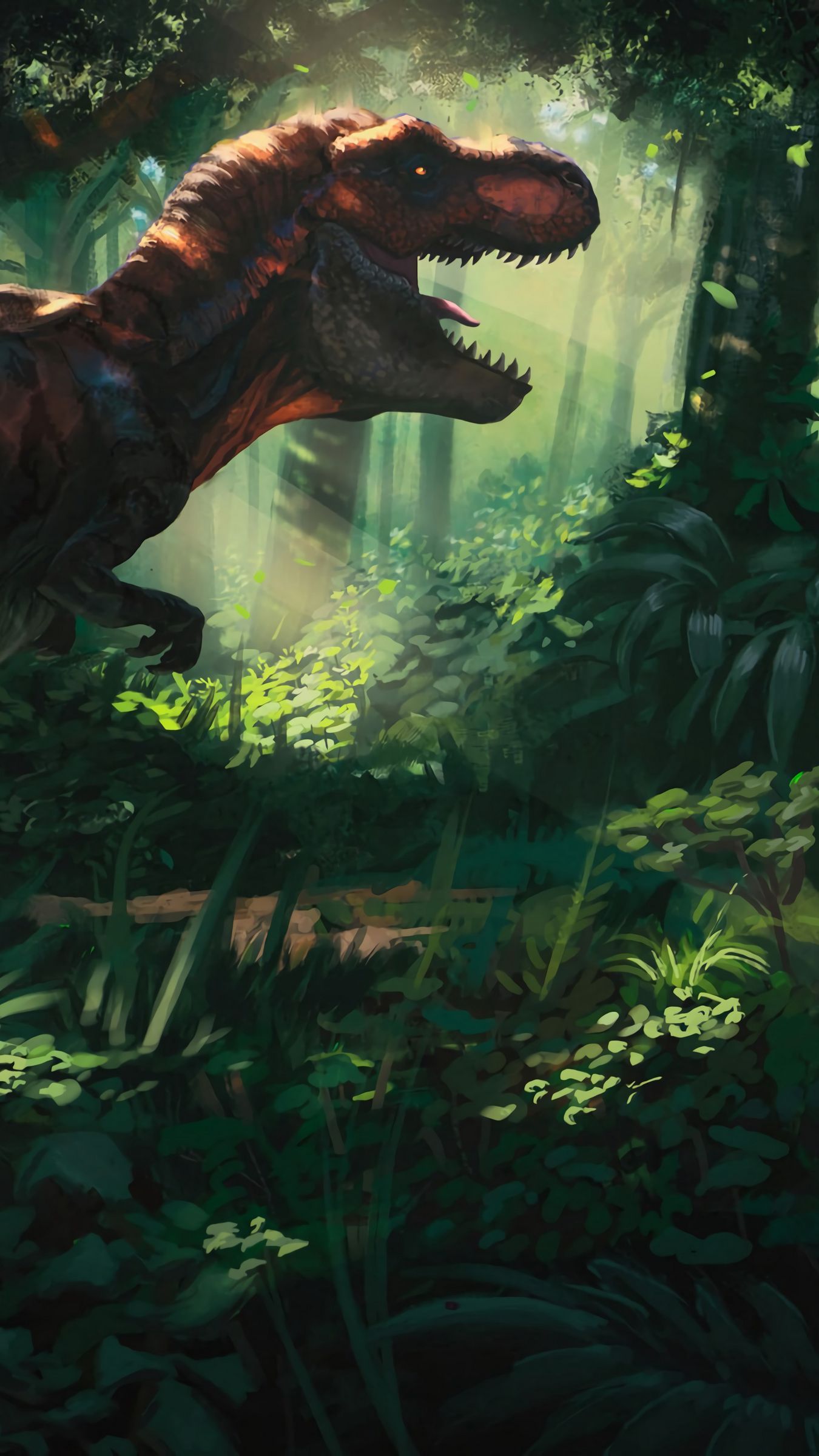 Download wallpaper 1350x2400 tyrannosaurus dinosaur jungle forest art  iphone 876s6 for parallax hd background