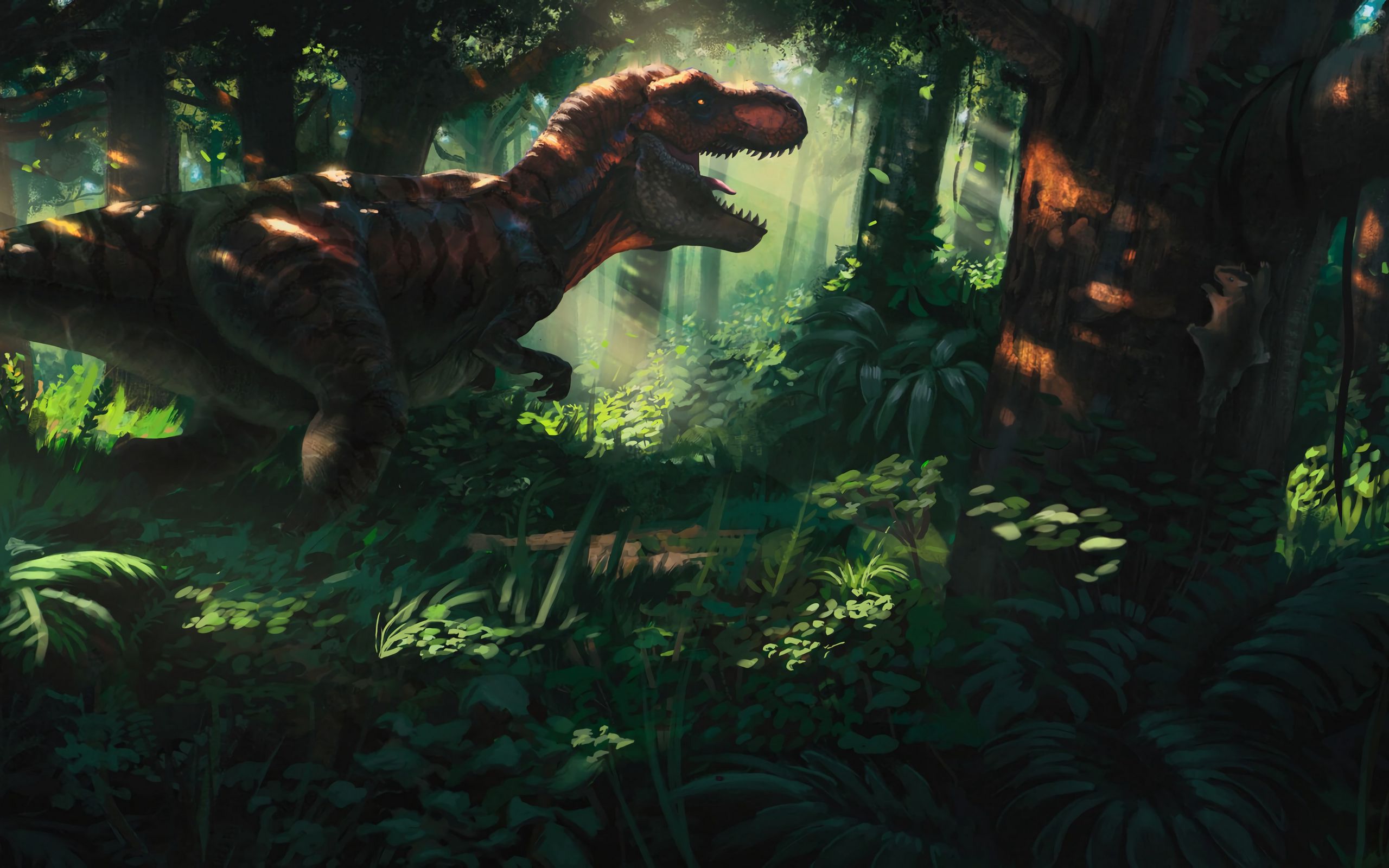 Download 2560x1600 tyrannosaurus, dinosaur, jungle, forest, art wallpaper, ...