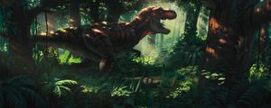 Preview wallpaper tyrannosaurus, dinosaur, jungle, forest, art