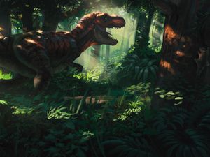 Preview wallpaper tyrannosaurus, dinosaur, jungle, forest, art