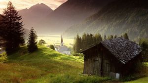 Preview wallpaper tyrol, austria, misty, mountain, village