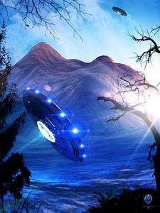 Preview wallpaper ufo, aliens, light, backlight, mountains